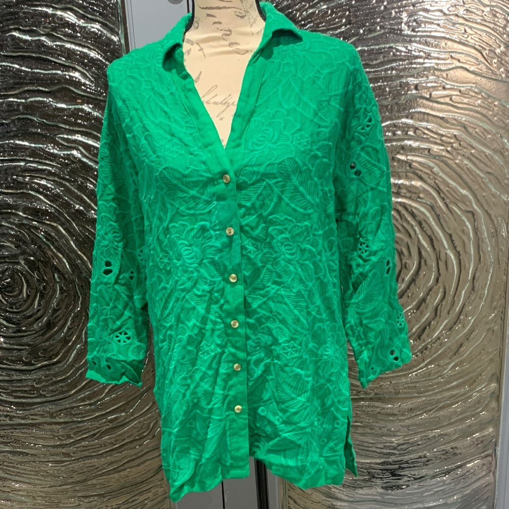 Women’s Anthropologie Green Lace Button-Up Blouse Size XS NWT